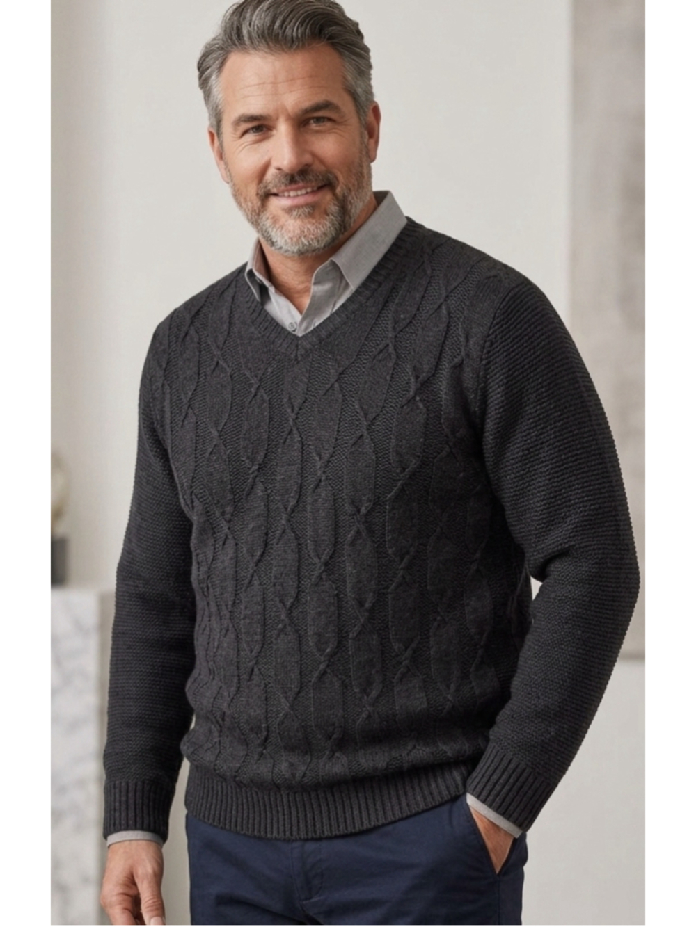 Men's Joseph Abboud V-Neck Sweater XXL Black Grey Cable Knit 2024